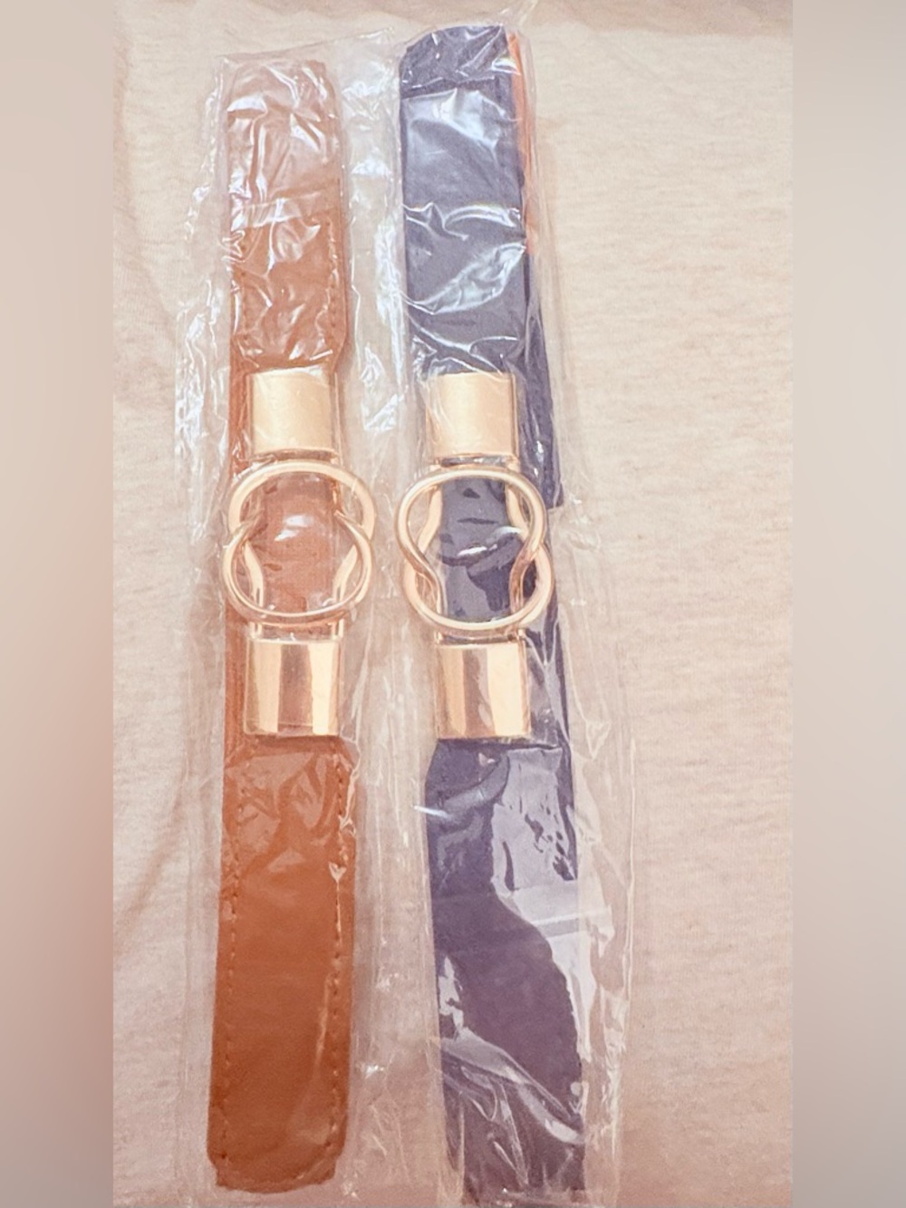 Women's Double-Ring Waist Belt in Brown and Navy with Gold Hardware